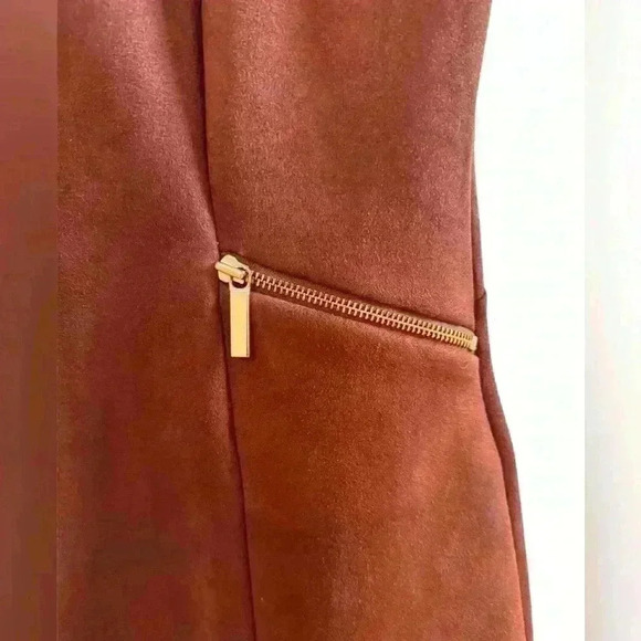 Ann Taylor Faux Suede Brown Knee Length Dress 8P Gold Zipper Pockets Fall - Picture 2 of 7